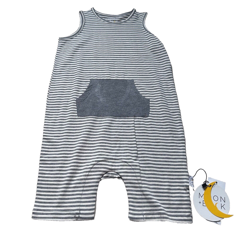 Moon + Beck 3/4T Sleeveless Kangaroos Pocket Romper New Gray/White Striped